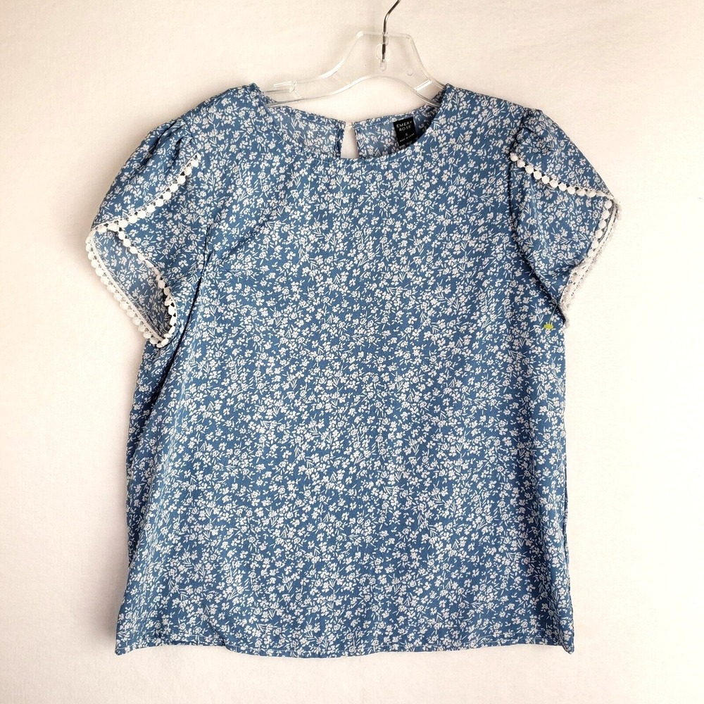 Emery Rose Blouse Womens Small Blue Ditsy Floral Pom Pom Trim Blouse Cottagecore
